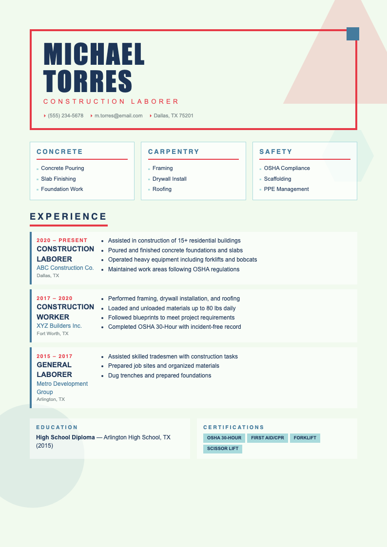 Abstract Geometric construction laborer resume